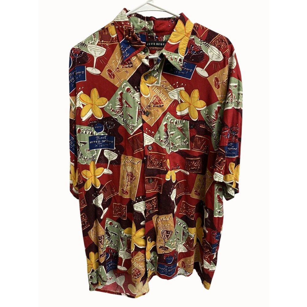 John Henry XL Tropical Hawaiian Shirt‎ Red Cocktail Print Cotton Button-Down